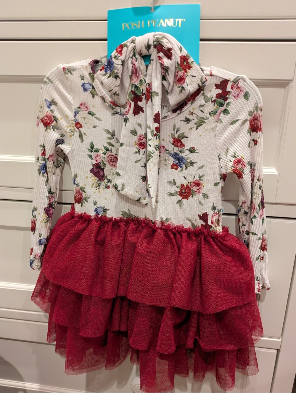 Posh Peanut Phillippa Floral Long sleeve Dress Burgundy Tulle Skirt & Hair Clip